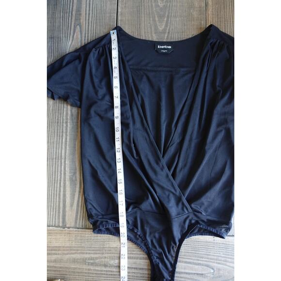 Bebe Bodysuit XS Black Mesh Sheer Flutter Sleeve Deep V Wrap Top VTG 90s Y2K - Picture 6 of 6